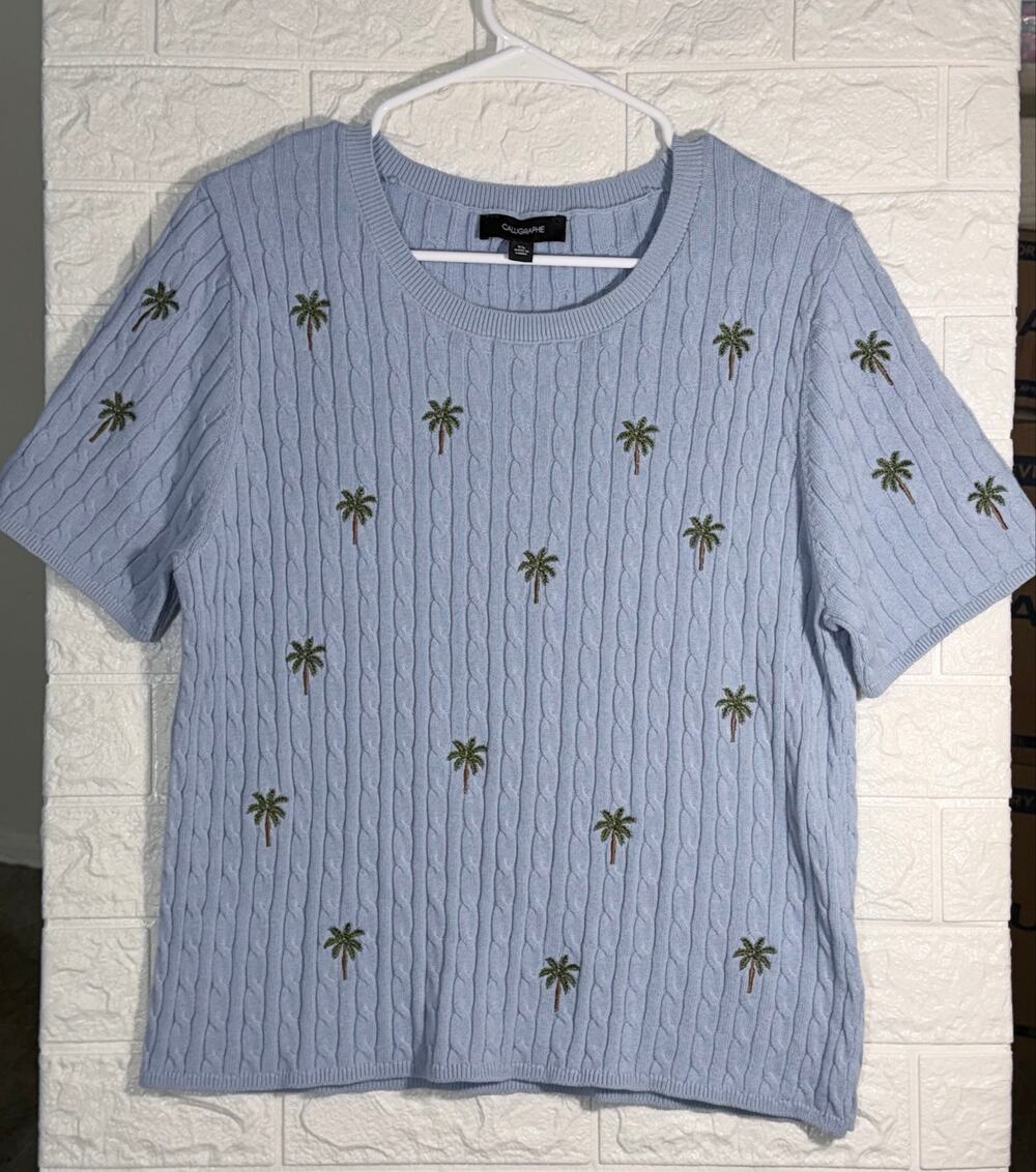 Calligraphie Women’s XL Blue Cable-Knit Palm Tree Embroidered Sweater Top